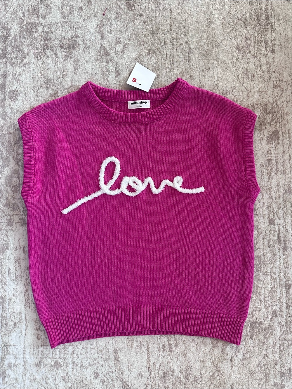 mittoshop Bright Fuchsia Crewneck Sleeveless Knit with White 'love' Script